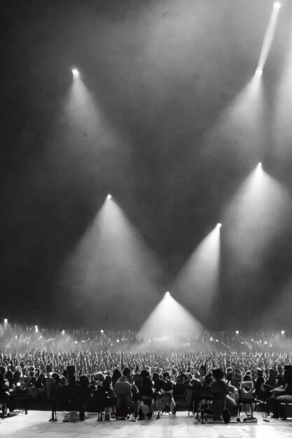 Een sfeervol beeld van een muziekconcertpubliek met silhouetten van fans en mistige podiumlichten op de achtergrond. Aigenerated