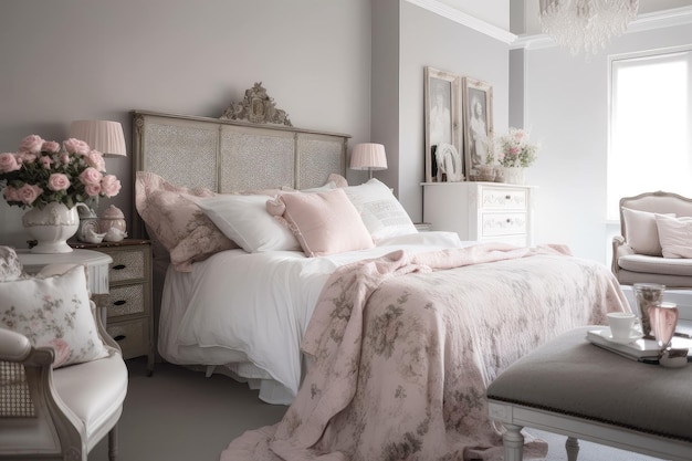 Een shabby chic slaapkamer met een nertsensprei en bloemenaccessoires