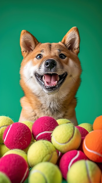 Een shiba inu pup omringd door kleurrijke tennisballen op een groene achtergrond