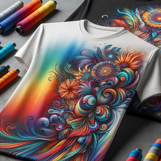 Een shirt met een kleurrijk ontwerp erop zit op een tafel