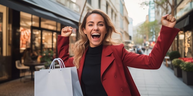 Een shopper met een grote glimlach die een Black Friday-aankoop omhoog houdt Gemaakt met generatieve AI-technologie