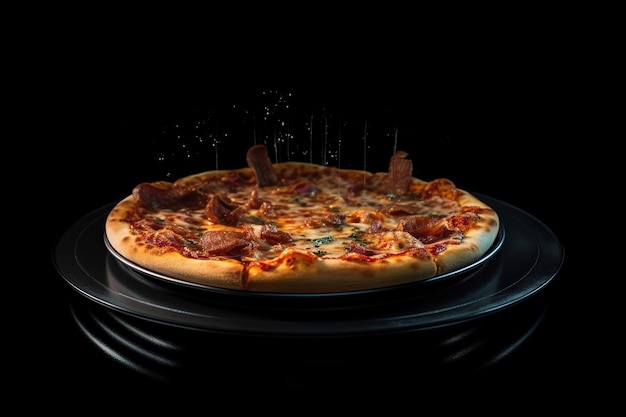 Een shot van een heerlijke pizza op een zwarte plaat met chilisaus erop tegen een donkere achtergrond
