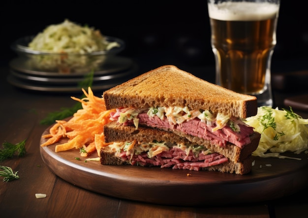 Een shot van een Reuben-sandwich met koolsalade