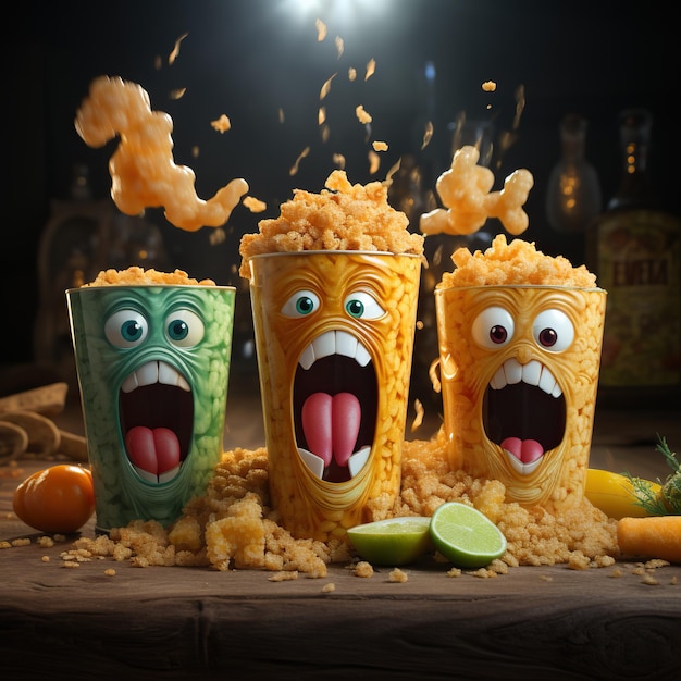 Foto een shot van snack met cartoon snack shopper pakket chili en vuur vlam generatieve ai