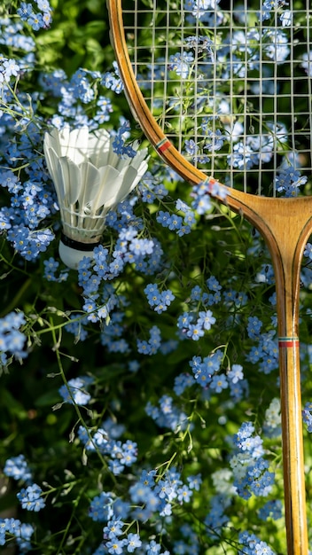 Een shuttle en een badmintonracket liggen in prachtige kleine blauwe bloemen in de tuin