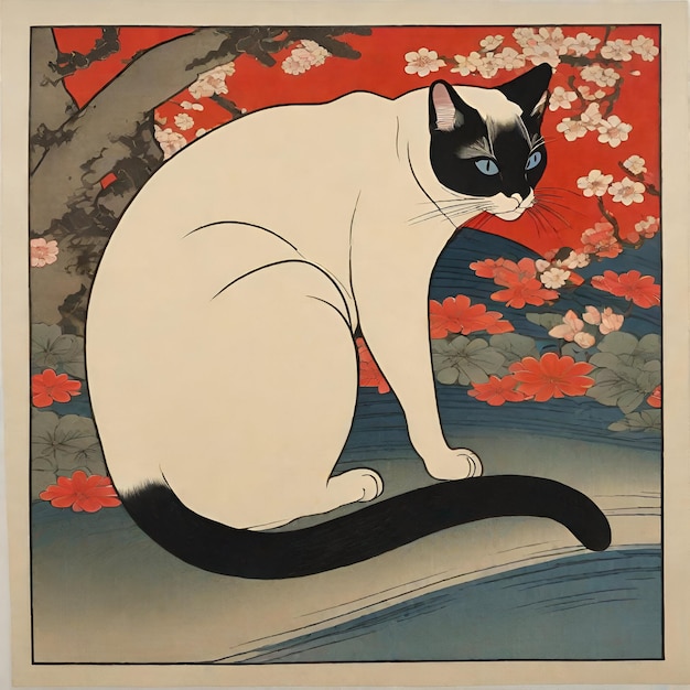 Een siamese kat illustratie in ukiyo_e Japanse stijl