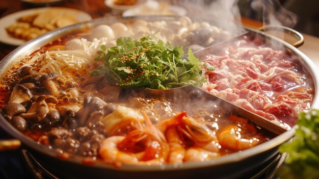 Een Sichuan Hot Pot die kookt met een pittige aromatische bouillon in een verdeelde pot omringd door een gevarieerde selectie van rauw vlees en zeevruchten