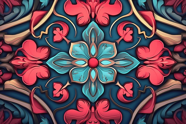Een sierlijk bloemenpatroon in roodblauwe en roze kleuren