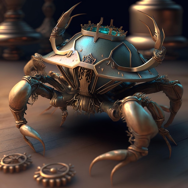 Een sierlijke bronzen steampunk-krab die het tafelblad Generative Ai siert