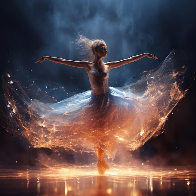 Een sierlijke danseres omringd door etherische lichten.