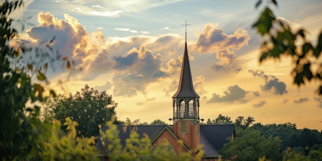 Een sierlijke kerktoren die zich boven het omringende landschap verheft