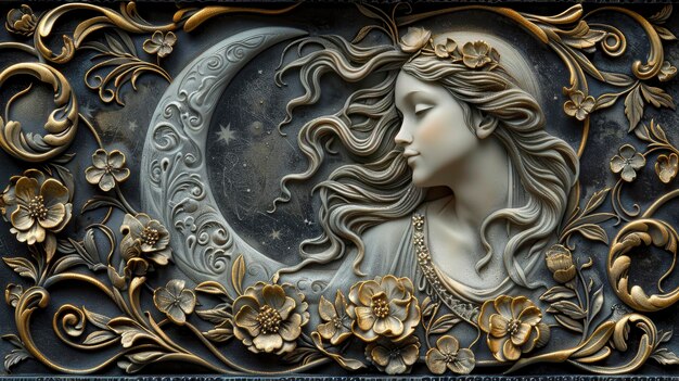Een sierlijke spiegel met een gegraveerd beeld van een jonge vrouw met lang haar die naar een halve maan reikte en prachtige bloemenpatronen overal rond