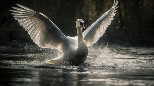 Een sierlijke zwaan die met wijd uitgespreide vleugels door het water glijdt gegenereerd door AI