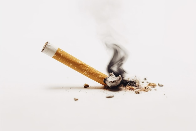 Een sigaret die is verbrand en op een witte achtergrond staat.