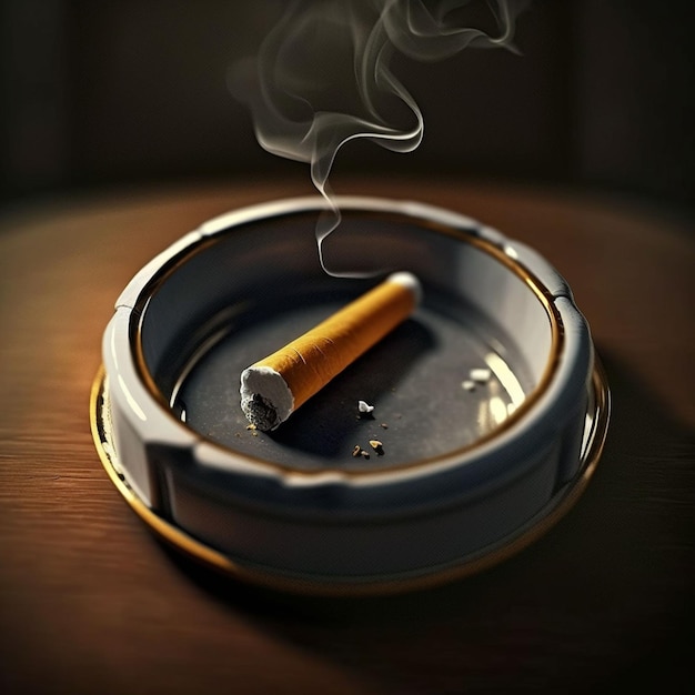 Een sigaret in een asbak waar rook uit komt.