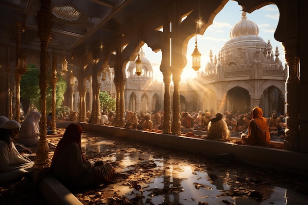 Foto een sikh gurdwara met gemeenschapsleden die voedsel bereiden en delengenerated with ai