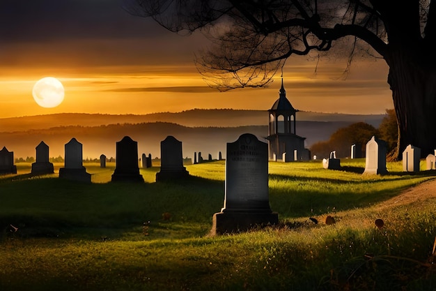 Foto een silhouet van een begraafplaats met een zonsondergang op de achtergrond