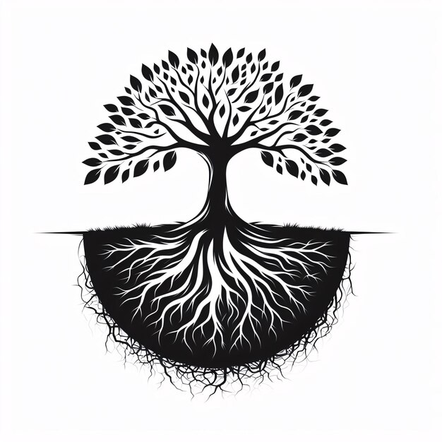 Een silhouet van een boom met wortels die in de vorm van de aarde groeien