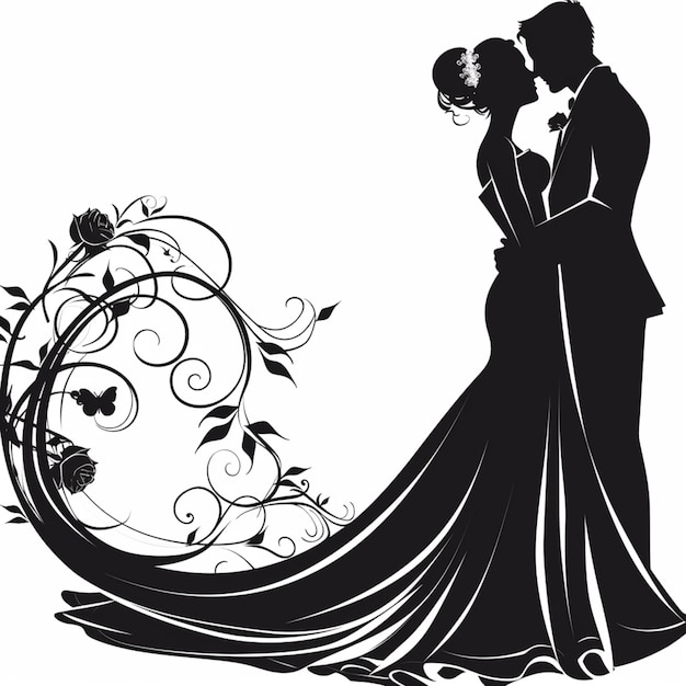 een silhouet van een bruid en bruidegom in een trouwjurk en sluier generatieve ai