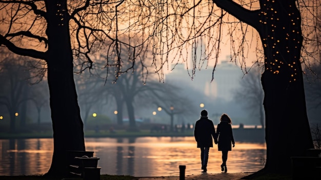 Een silhouet van een echtpaar op een serene avond aan het meer