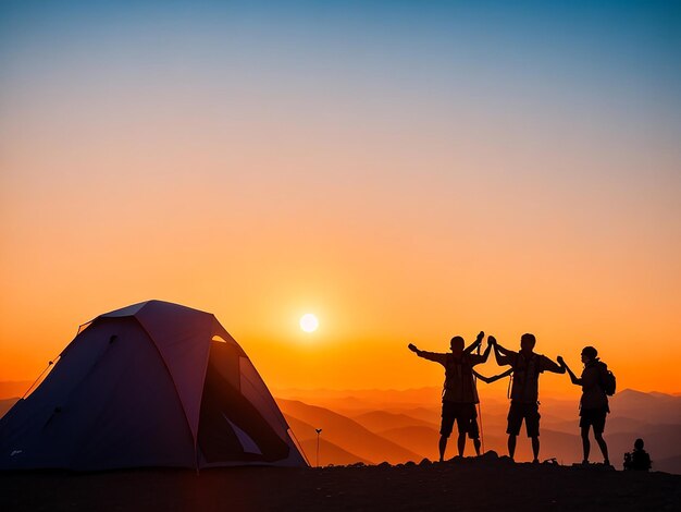 Een silhouet van een groep mensen heeft plezier op de top van de berg in de buurt van de tent Generatieve AI
