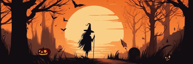 Een silhouet van een heks en een boom met vleermuizen op de achtergrond