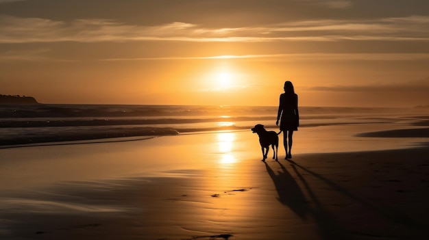 Een silhouet van een hond en zijn eigenaar die bij zonsondergang op het strand lopen