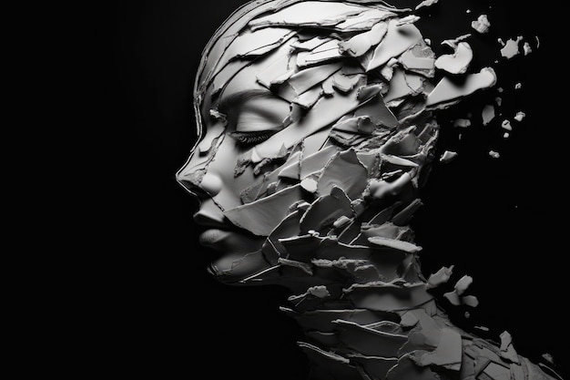Een silhouet van een hoofd dat voor de helft gevuld is met verfrommeld oud papier, terwijl de andere helft op het reflecterende oppervlak eronder terechtkomt. Een foto die het gevoel van angst weergeeft Generatieve AI