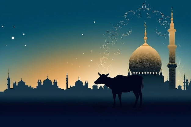 Een silhouet van een koe en een moskee met daarachter de maan.