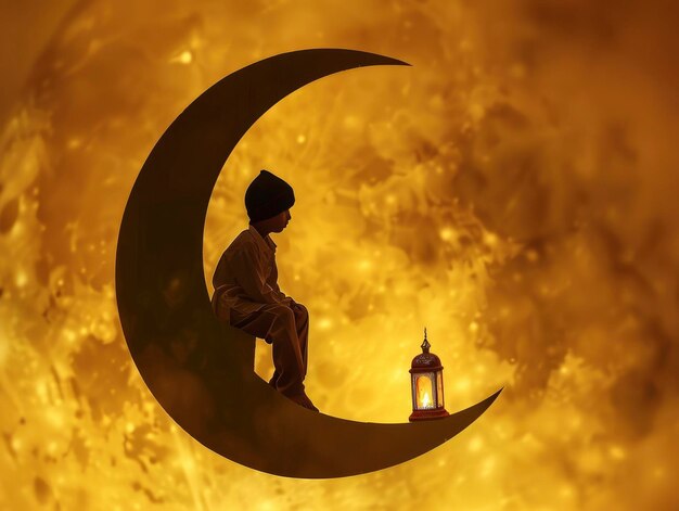 een silhouet van een moslimjongen zit op een halve maan en kijkt vooruit naar het komende jaar met de achtergrond van de hemel
