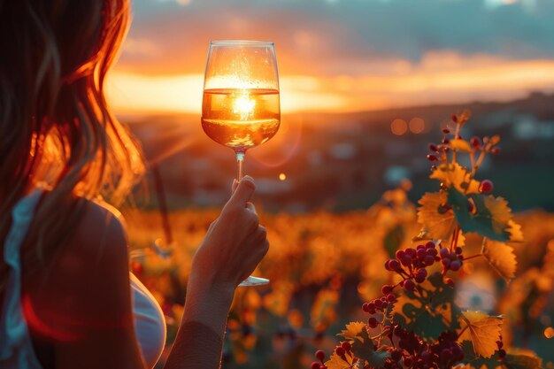 Foto een silhouet van een persoon die een glas wijn vasthoudt tegen de achtergrond van een zonsondergang