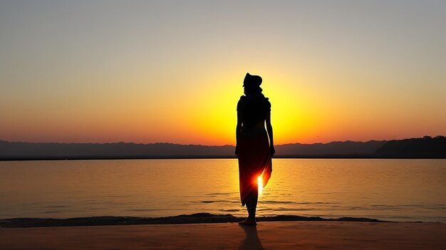 Een silhouet van een persoon die voor een prachtige zonsondergang staat