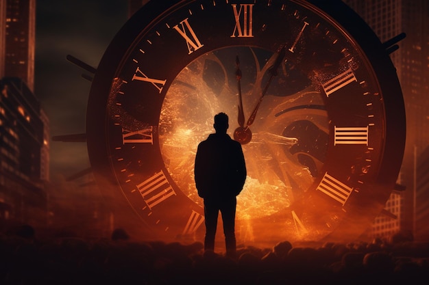 Een silhouet van een persoon tegen een achtergrond van een klok
