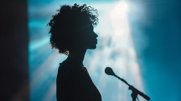 Foto een silhouet van een tolk op het podium die naast een spreker staat en zijn woorden doorgeeft aan een