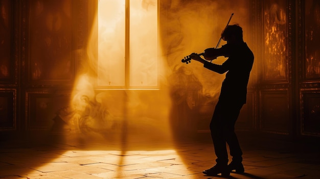 Een silhouet van een violist steekt uit tegen een gloeiend raam gehuld in een mystieke nevel