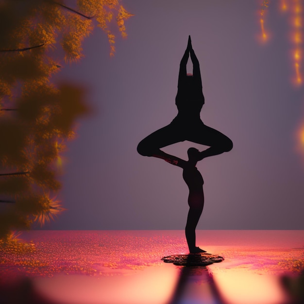 Een silhouet van een vrouw die yoga doet voor een boom met de woorden "yoga" erop.
