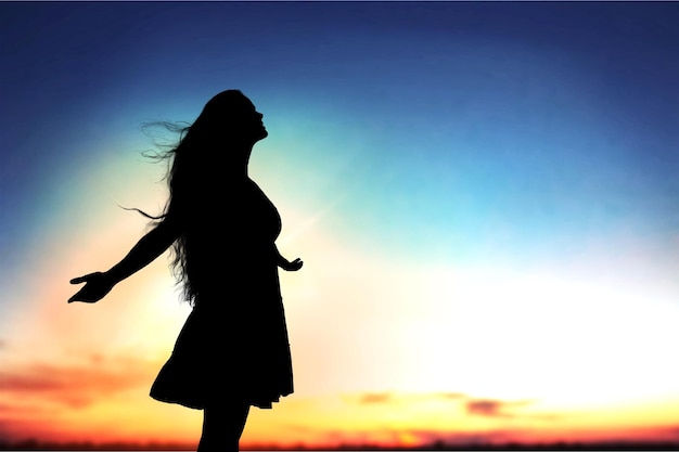 Een silhouet van een vrouw die zich voor een kleurrijke strandzonsondergang stelt.