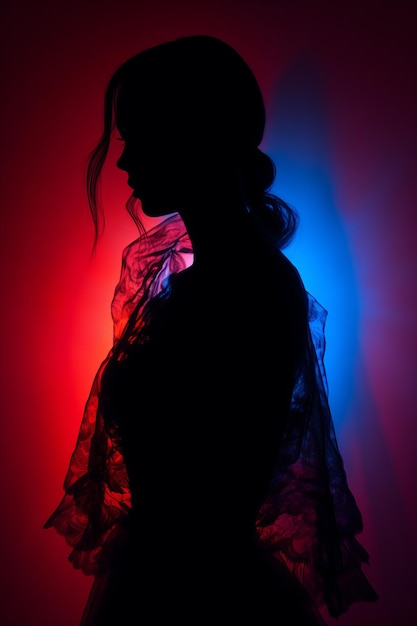 een silhouet van een vrouw in een rood en blauw licht