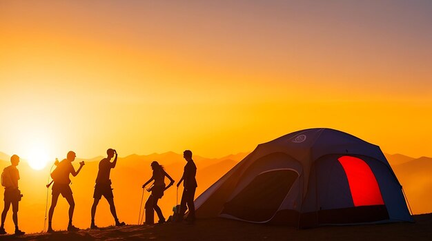 Een silhouet van groepsmensen heeft plezier op de top van de berg bij de tent tijdens de zonsondergang