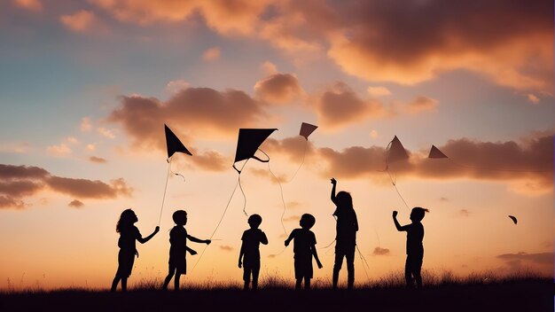 een silhouet van kinderen met vlaggen die zeggen quot kinderen quot op de top