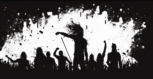 Een silhouet zwart-wit minimalistische kunst van een metal concert mosh pit menigte headbang