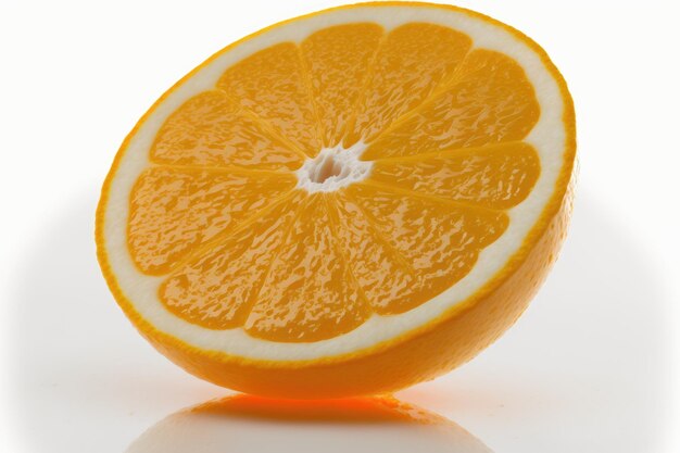 Een sinaasappel in tweeën gesneden op een effen witte achtergrond Generatieve AI