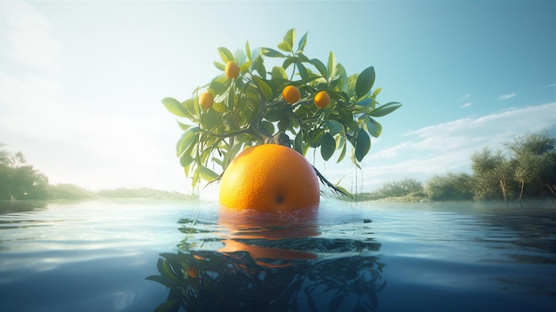 Een sinaasappel ligt in het water met de zon erachter.