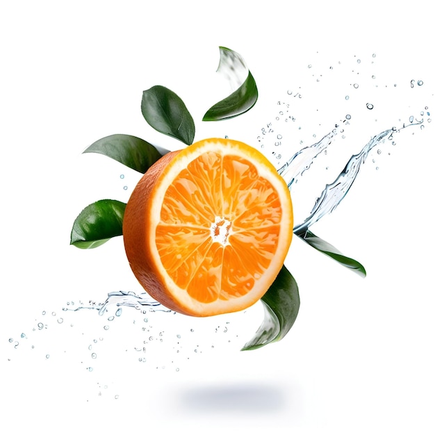 Een sinaasappel met blaadjes en blaadjes hangt in de lucht en het water spettert generatieve ai