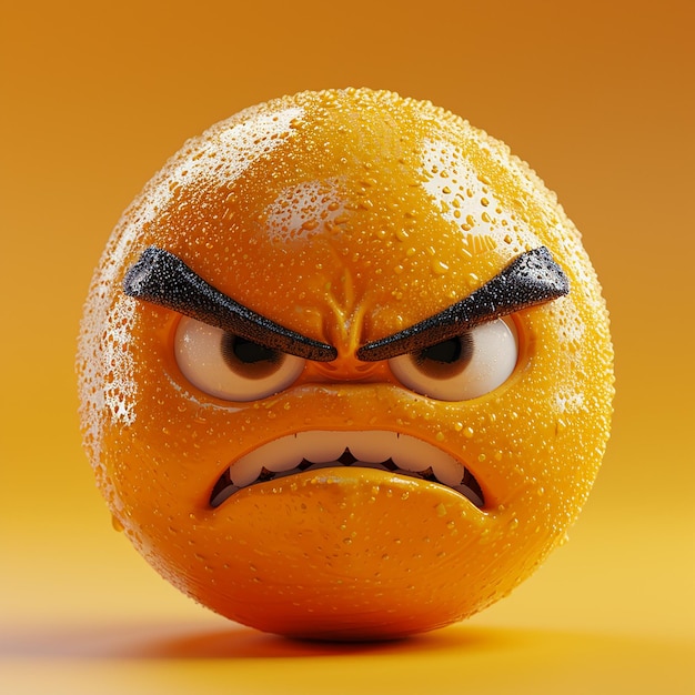 een sinaasappel met een boze uitdrukking op zijn gezicht