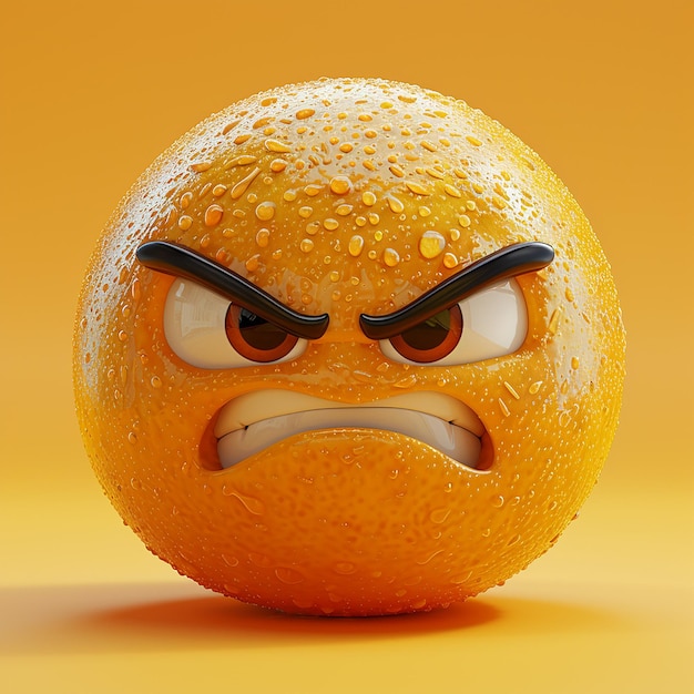 een sinaasappel met een gezicht erop getekend met een grimmige uitdrukking
