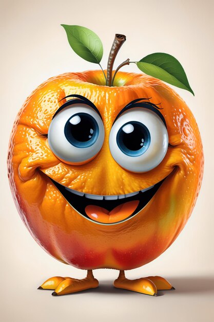 een sinaasappel met een grote glimlach en een groen blad op zijn hoofd