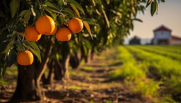 Een sinaasappelboom staat op de voorgrond met de achtergrond van een boerderijveld