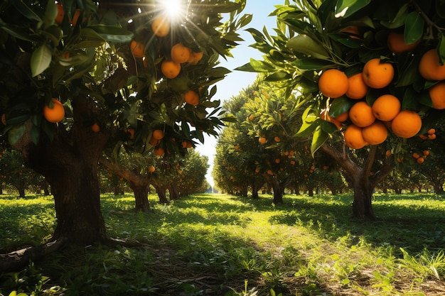 een sinaasappelboomgaard met veel sinaasappels die aan de bomen groeien