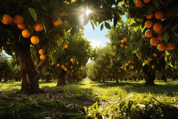 een sinaasappelboomgaard met veel sinaasappels die aan de bomen groeien